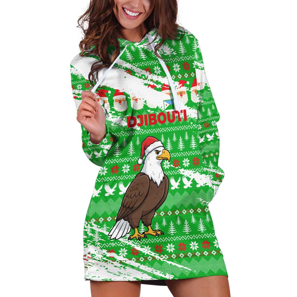 Djibouti Christmas Hoodie Dress with Santa Eagle Doves Trees and Green Snowflake Holiday - Wonder Print Shop