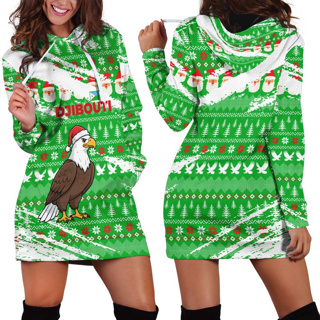 Djibouti Christmas Hoodie Dress with Santa Eagle Doves Trees and Green Snowflake Holiday - Wonder Print Shop