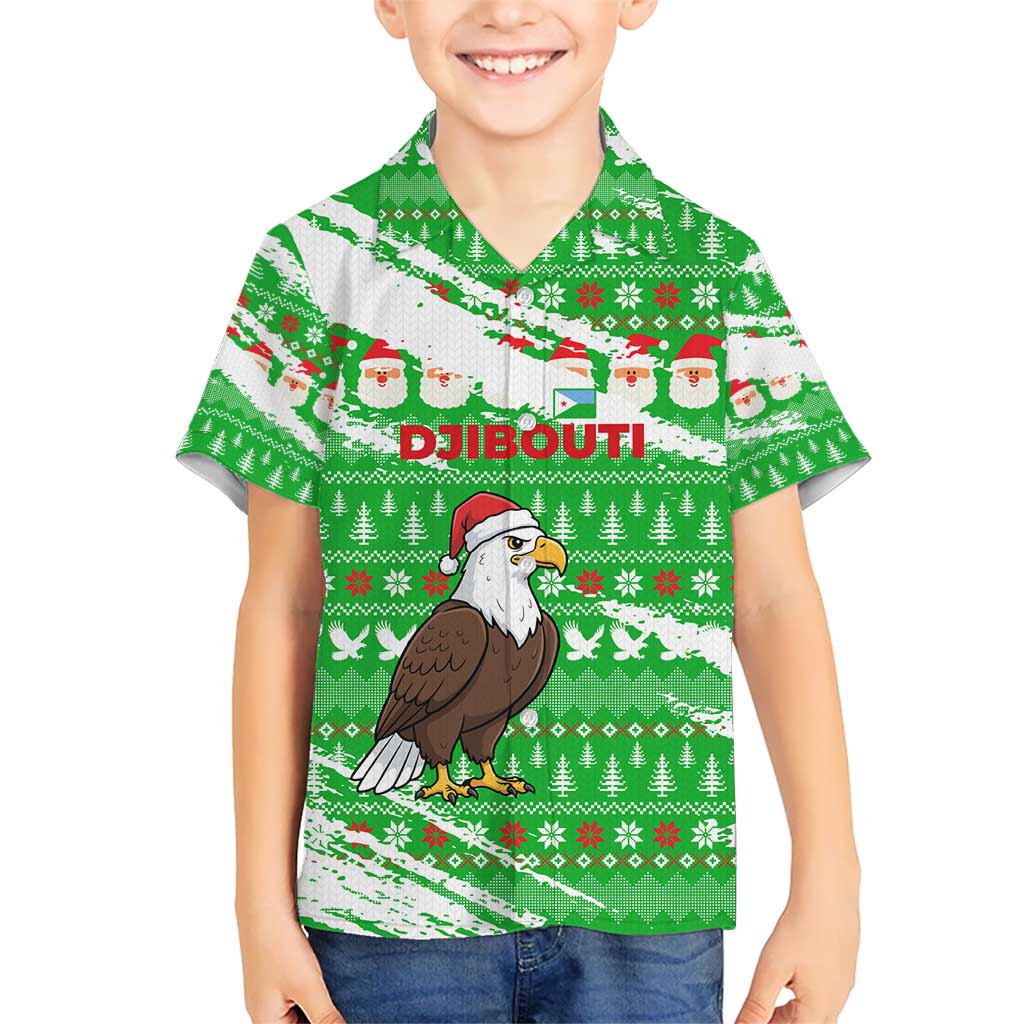 Djibouti Christmas Kid Hawaiian Shirt with Santa Eagle Doves Trees and Green Snowflake Holiday - Wonder Print Shop