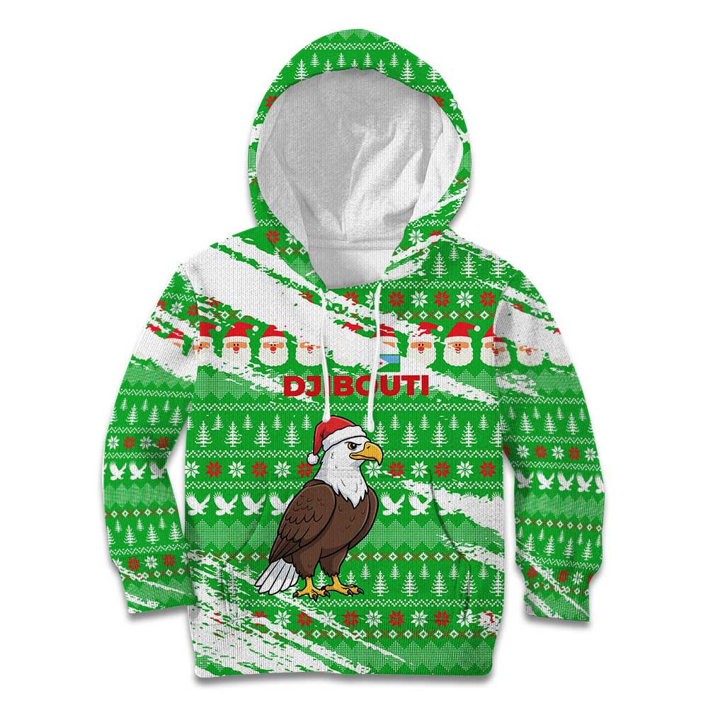 Djibouti Christmas Kid Hoodie with Santa Eagle Doves Trees and Green Snowflake Holiday - Wonder Print Shop