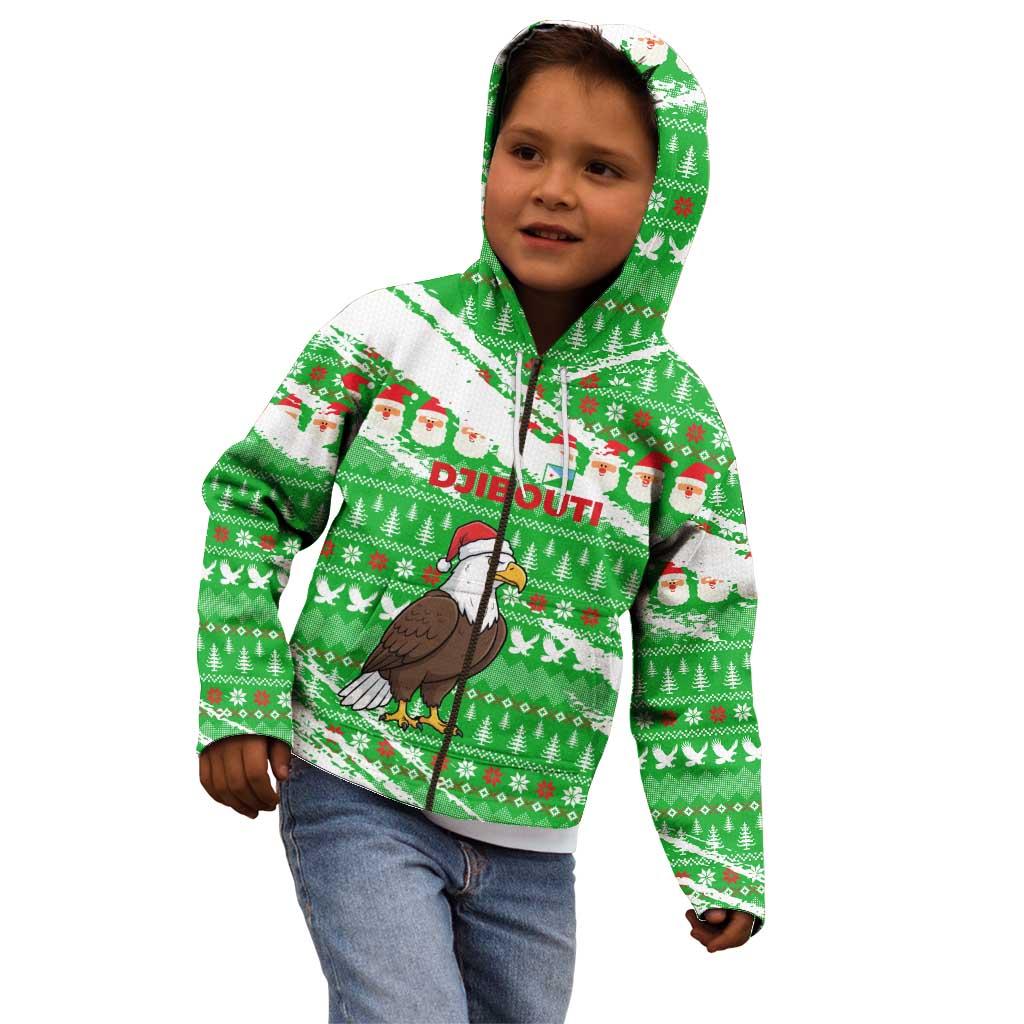 Djibouti Christmas Kid Hoodie with Santa Eagle Doves Trees and Green Snowflake Holiday - Wonder Print Shop
