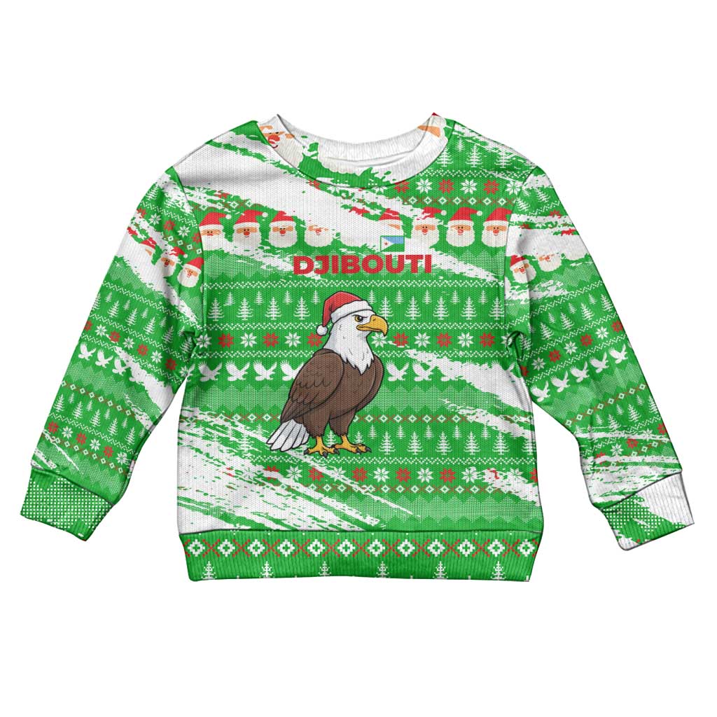 Djibouti Christmas Kid Ugly Christmas Sweater with Santa Eagle Doves Trees and Green Snowflake Holiday - Wonder Print Shop