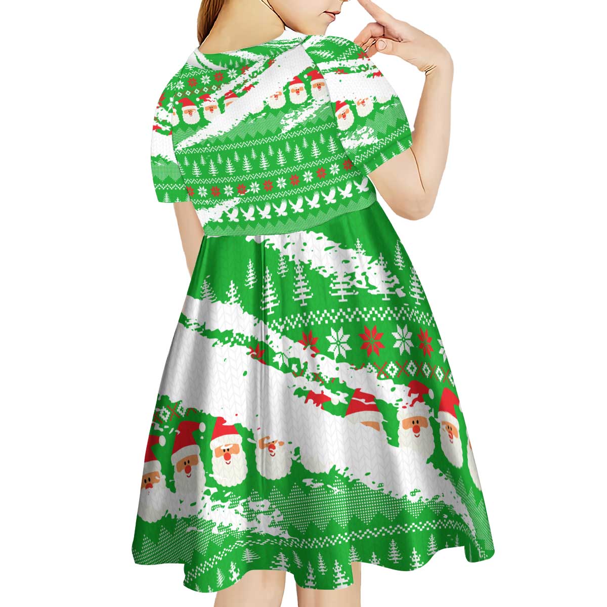 Djibouti Christmas Kid Short Sleeve Dress with Santa Eagle Doves Trees and Green Snowflake Holiday - Wonder Print Shop