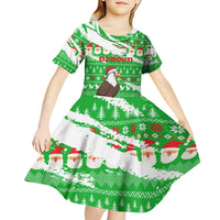 Djibouti Christmas Kid Short Sleeve Dress with Santa Eagle Doves Trees and Green Snowflake Holiday - Wonder Print Shop