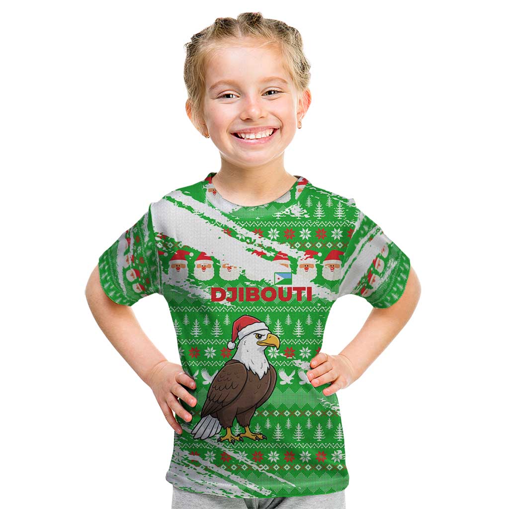 Djibouti Christmas Kid T Shirt with Santa Eagle Doves Trees and Green Snowflake Holiday - Wonder Print Shop