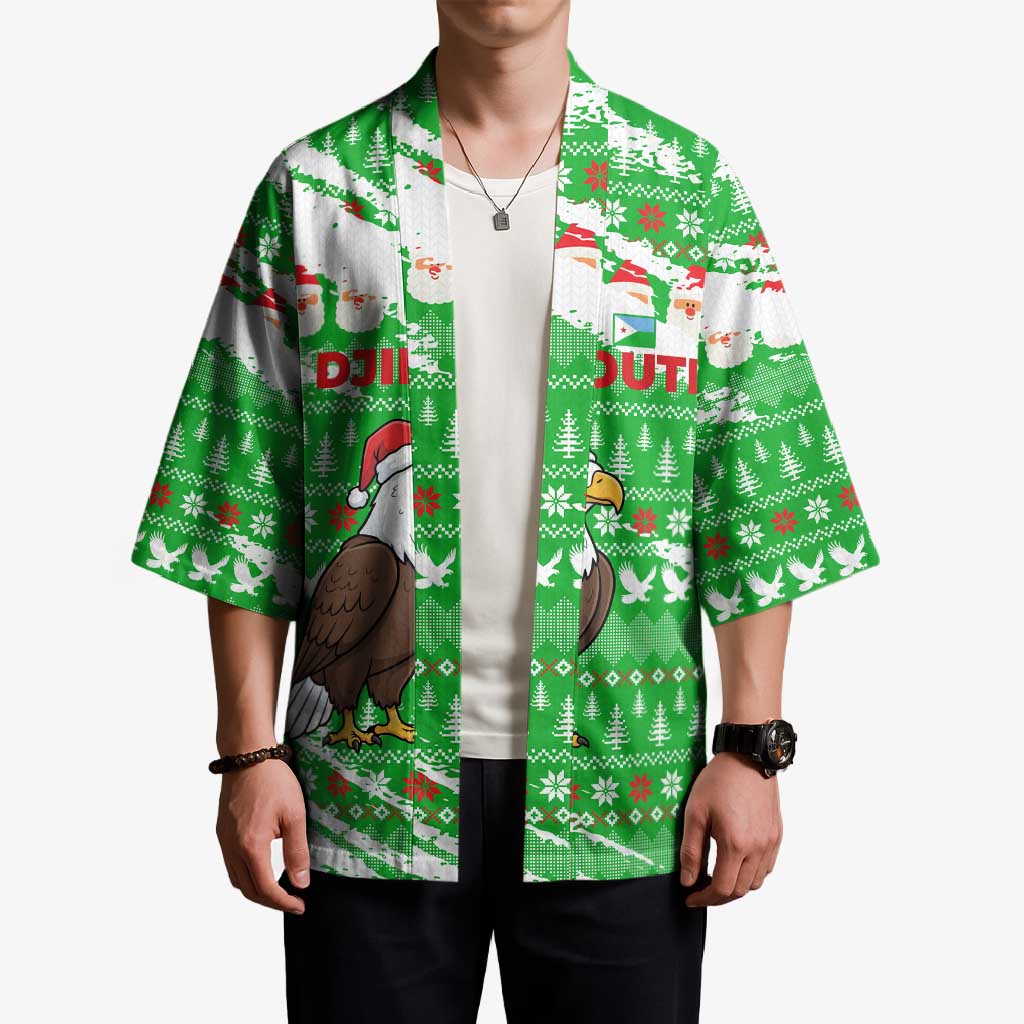 Djibouti Christmas Kimono with Santa Eagle Doves Trees and Green Snowflake Holiday - Wonder Print Shop