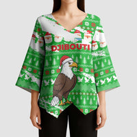 Djibouti Christmas Kimono Sleeve Blouse with Santa Eagle Doves Trees and Green Snowflake Holiday - Wonder Print Shop