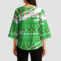 Djibouti Christmas Kimono Sleeve Blouse with Santa Eagle Doves Trees and Green Snowflake Holiday - Wonder Print Shop