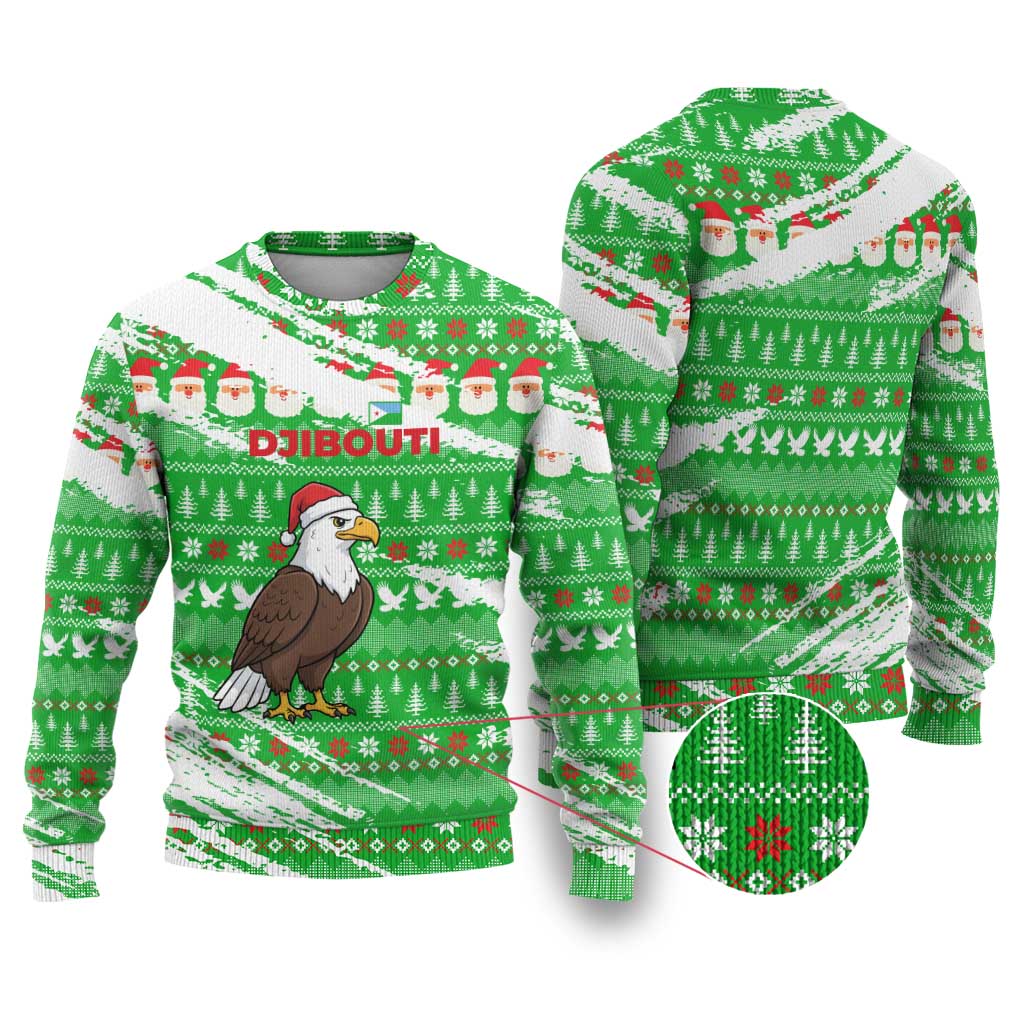Djibouti Christmas Ugly Christmas Sweater with Santa Eagle Doves Trees and Green Snowflake Holiday - Wonder Print Shop