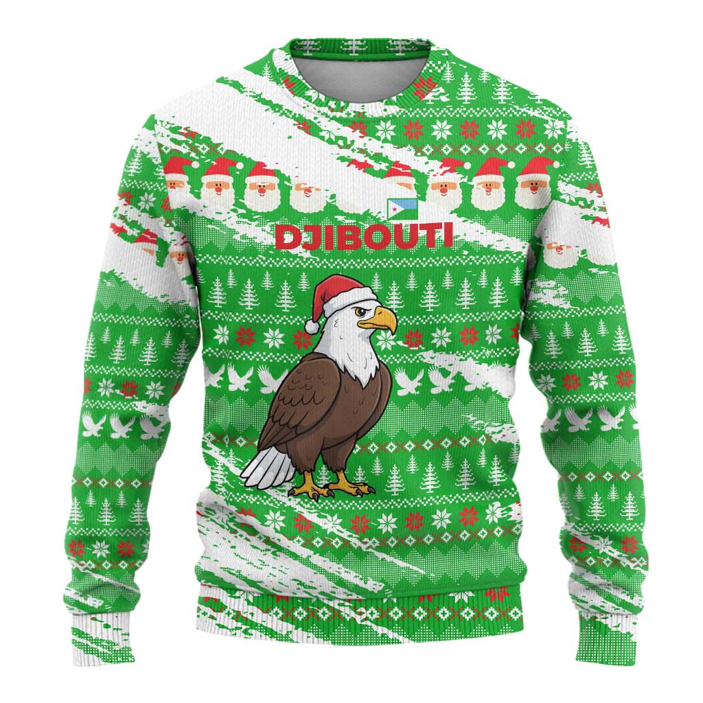 Djibouti Christmas Ugly Christmas Sweater with Santa Eagle Doves Trees and Green Snowflake Holiday - Wonder Print Shop