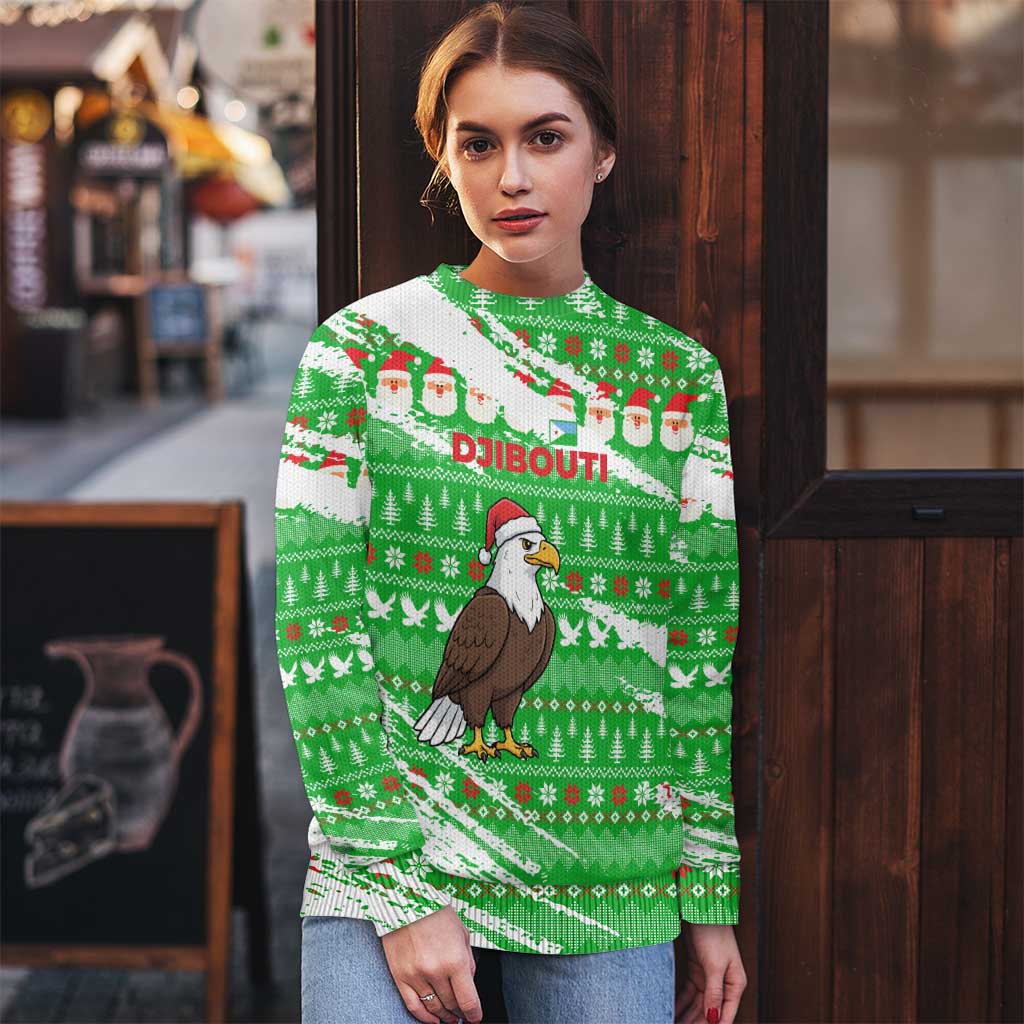 Djibouti Christmas Ugly Christmas Sweater with Santa Eagle Doves Trees and Green Snowflake Holiday - Wonder Print Shop