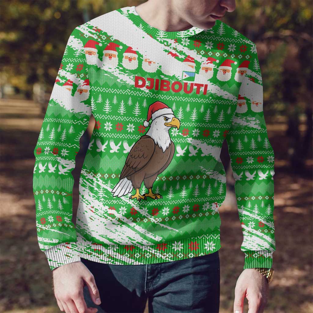 Djibouti Christmas Ugly Christmas Sweater with Santa Eagle Doves Trees and Green Snowflake Holiday - Wonder Print Shop