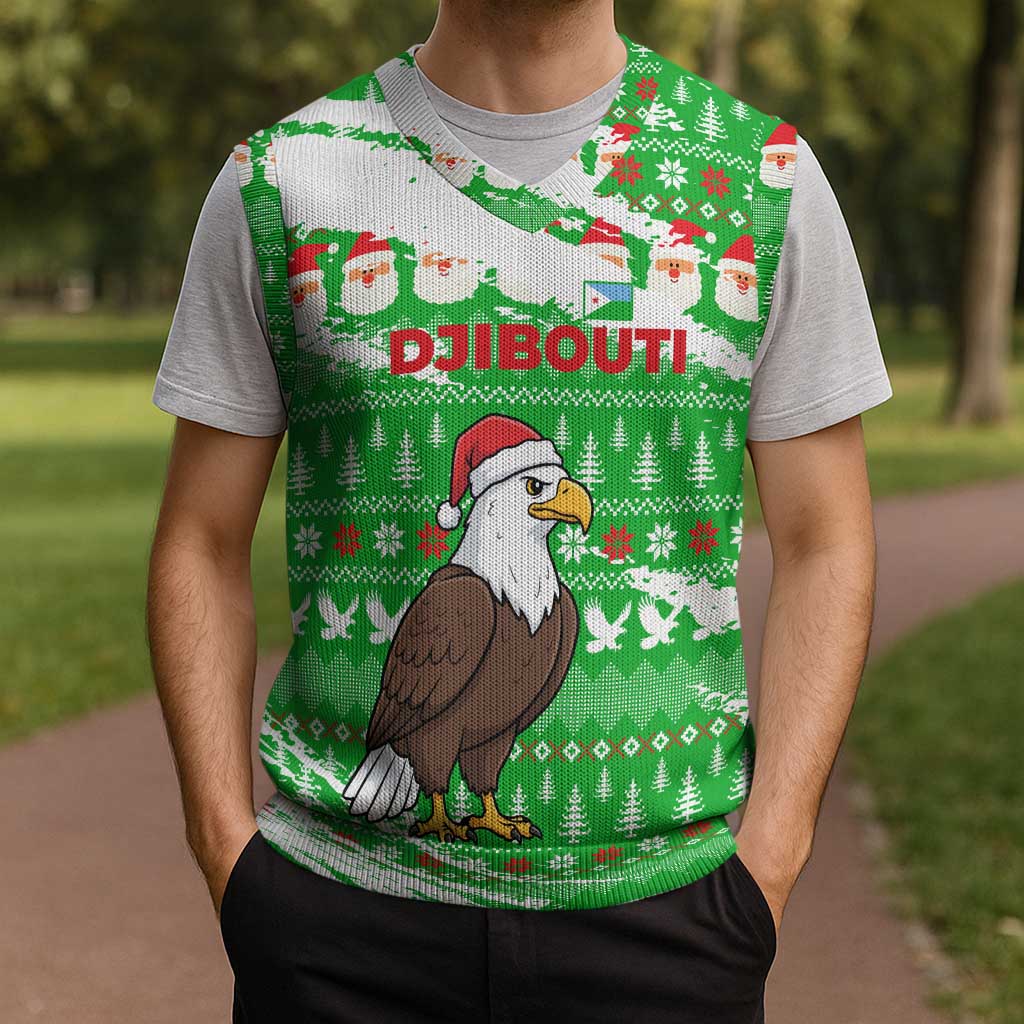 Djibouti Christmas Knitted V-Neck Vest with Santa Eagle Doves Trees and Green Snowflake Holiday - Wonder Print Shop
