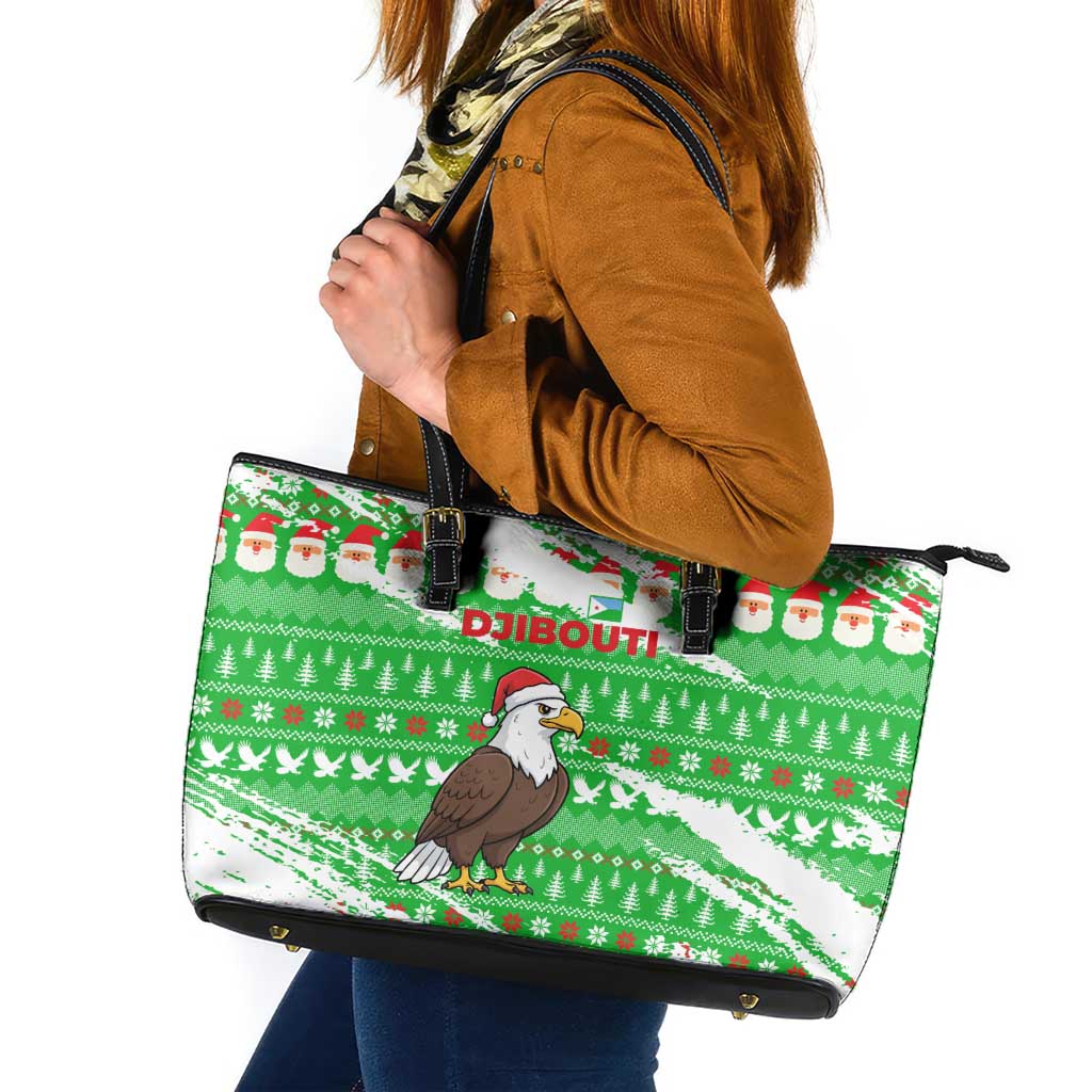Djibouti Christmas Leather Tote Bag with Santa Eagle Doves Trees and Green Snowflake Holiday - Wonder Print Shop