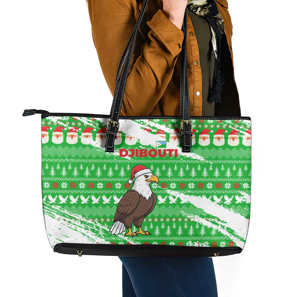 Djibouti Christmas Leather Tote Bag with Santa Eagle Doves Trees and Green Snowflake Holiday - Wonder Print Shop
