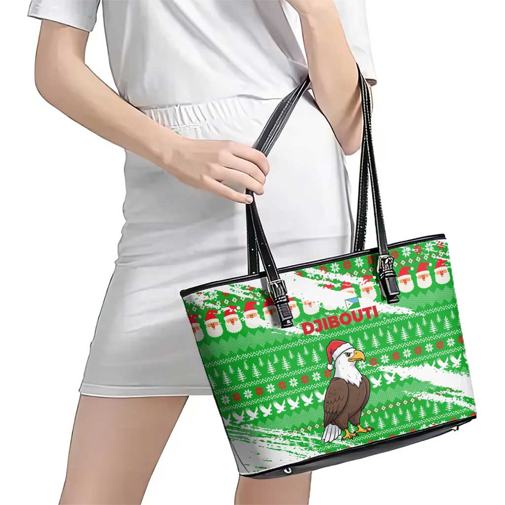Djibouti Christmas Leather Tote Bag with Santa Eagle Doves Trees and Green Snowflake Holiday - Wonder Print Shop