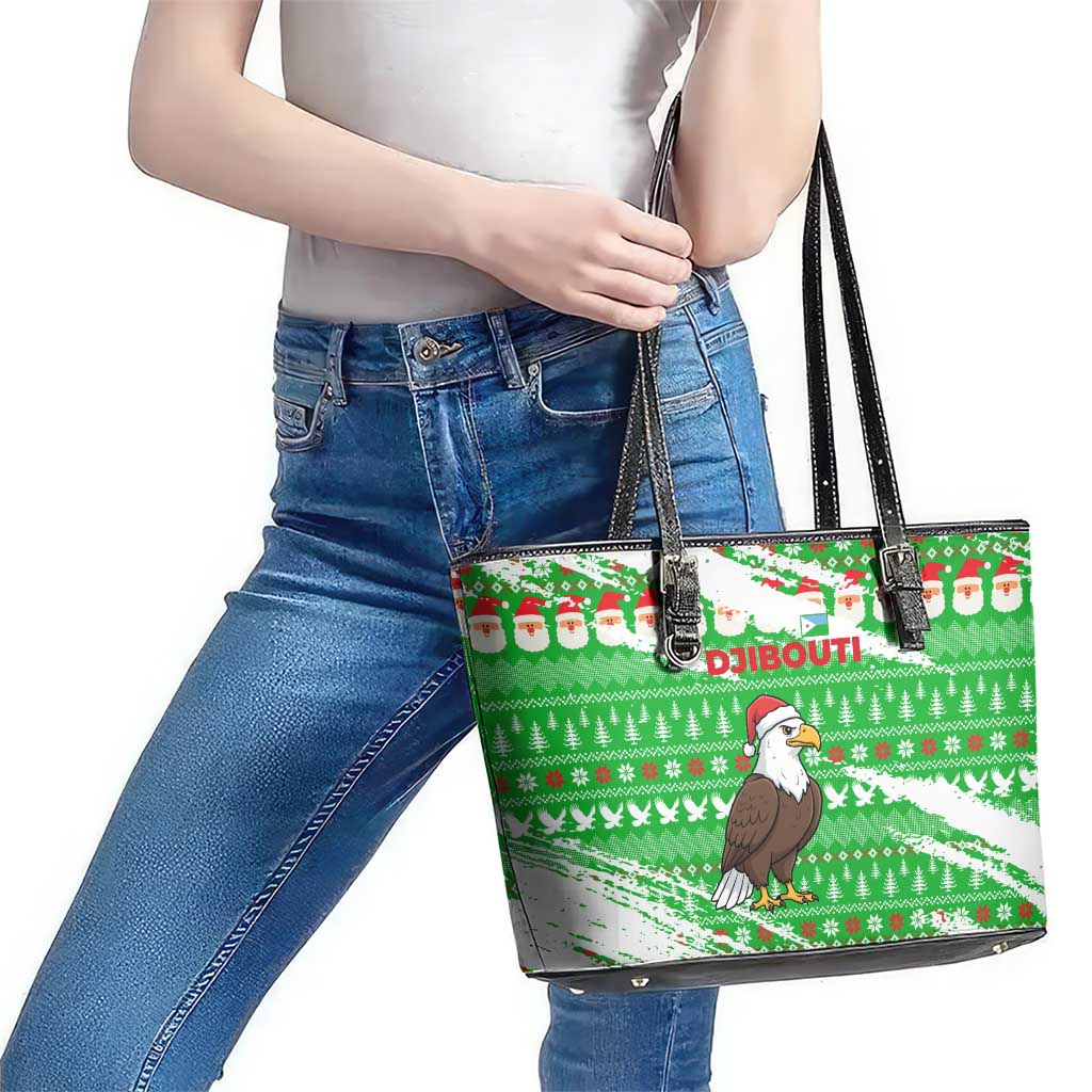 Djibouti Christmas Leather Tote Bag with Santa Eagle Doves Trees and Green Snowflake Holiday - Wonder Print Shop