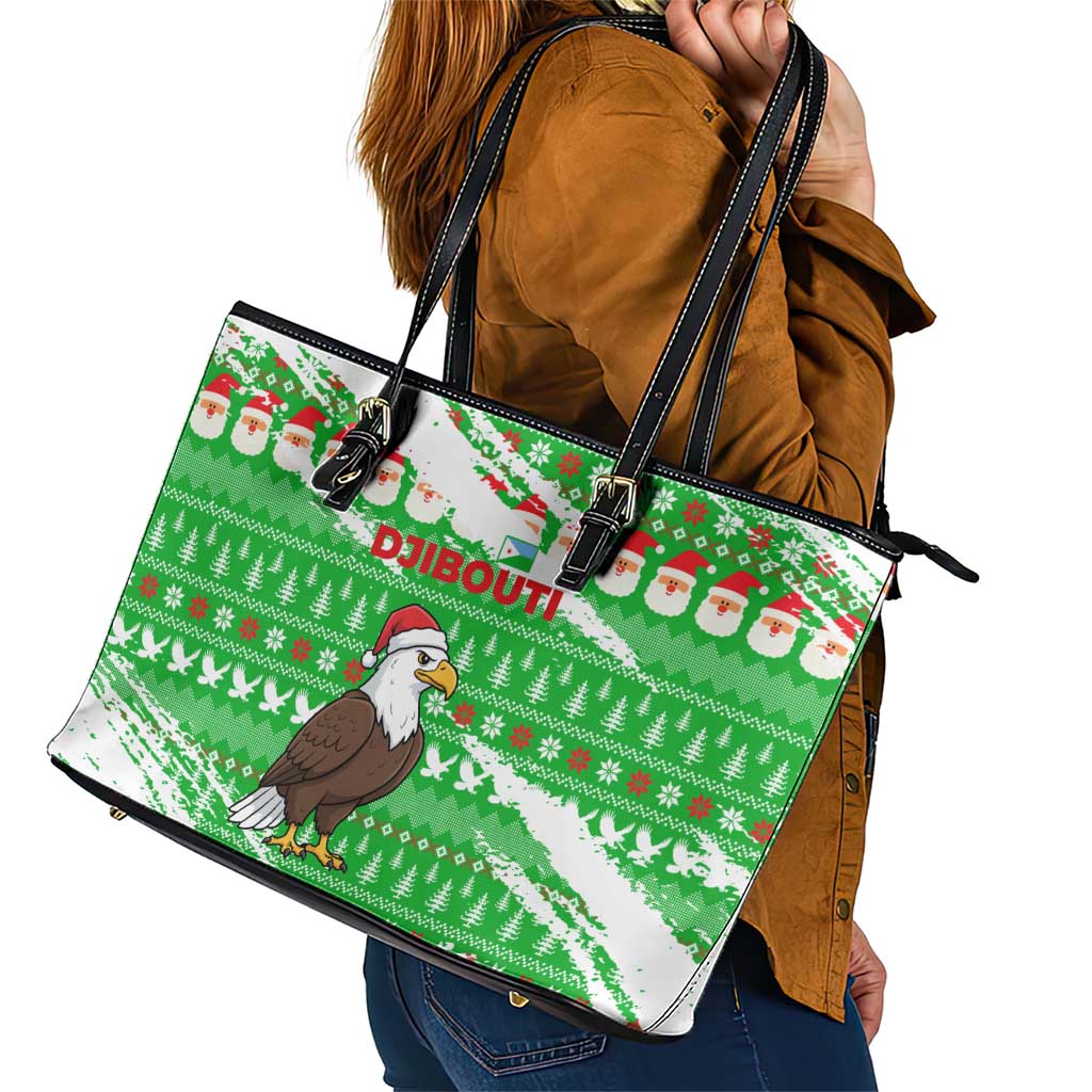 Djibouti Christmas Leather Tote Bag with Santa Eagle Doves Trees and Green Snowflake Holiday - Wonder Print Shop