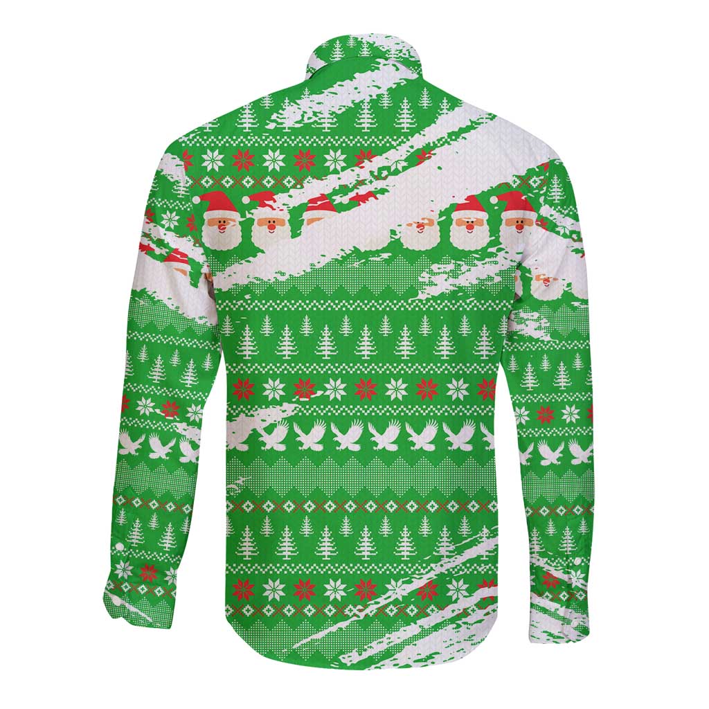 Djibouti Christmas Long Sleeve Button Shirt with Santa Eagle Doves Trees and Green Snowflake Holiday - Wonder Print Shop