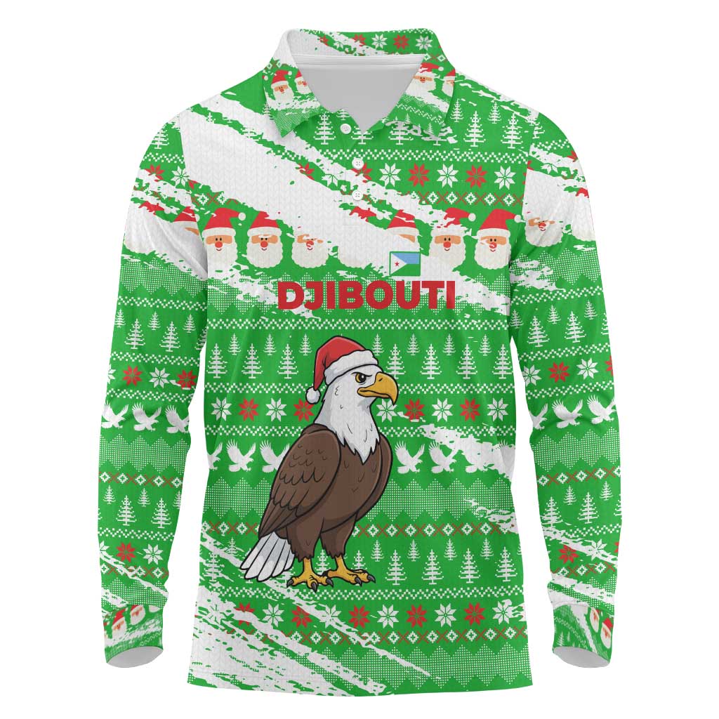 Djibouti Christmas Long Sleeve Polo Shirt with Santa Eagle Doves Trees and Green Snowflake Holiday - Wonder Print Shop