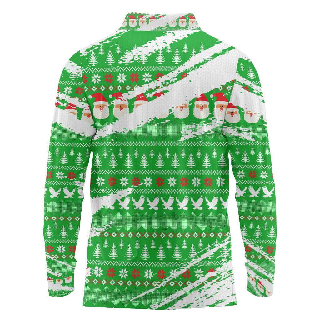 Djibouti Christmas Long Sleeve Polo Shirt with Santa Eagle Doves Trees and Green Snowflake Holiday - Wonder Print Shop