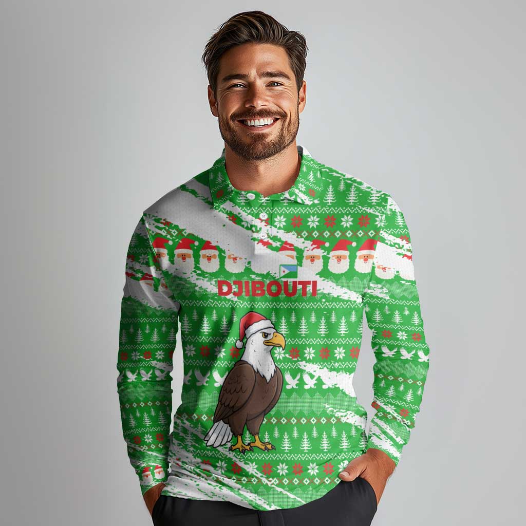 Djibouti Christmas Long Sleeve Polo Shirt with Santa Eagle Doves Trees and Green Snowflake Holiday - Wonder Print Shop