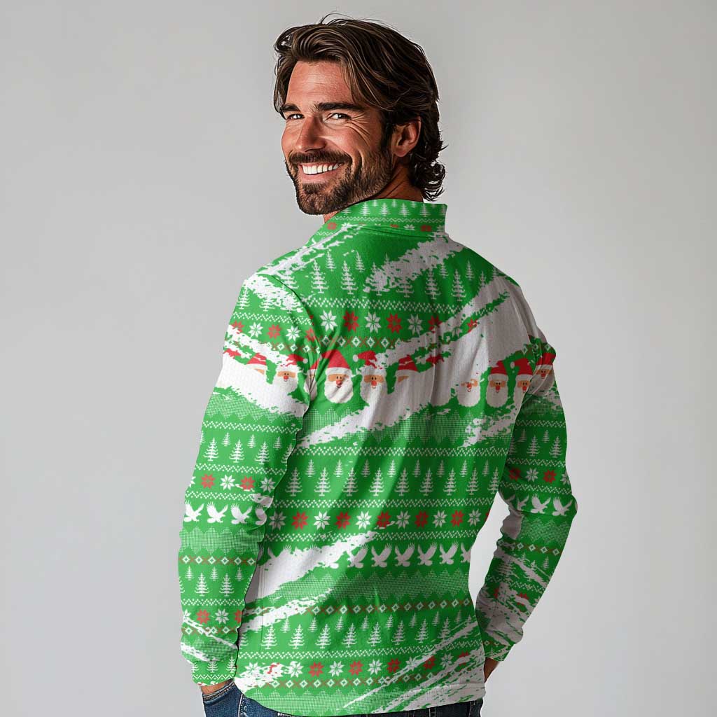 Djibouti Christmas Long Sleeve Polo Shirt with Santa Eagle Doves Trees and Green Snowflake Holiday - Wonder Print Shop