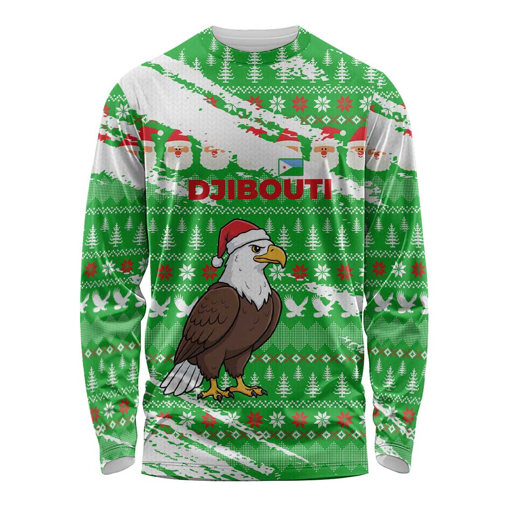 Djibouti Christmas Long Sleeve Shirt with Santa Eagle Doves Trees and Green Snowflake Holiday - Wonder Print Shop