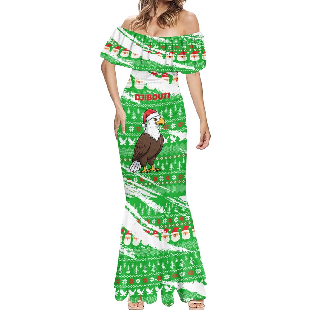 Djibouti Christmas Mermaid Dress with Santa Eagle Doves Trees and Green Snowflake Holiday - Wonder Print Shop