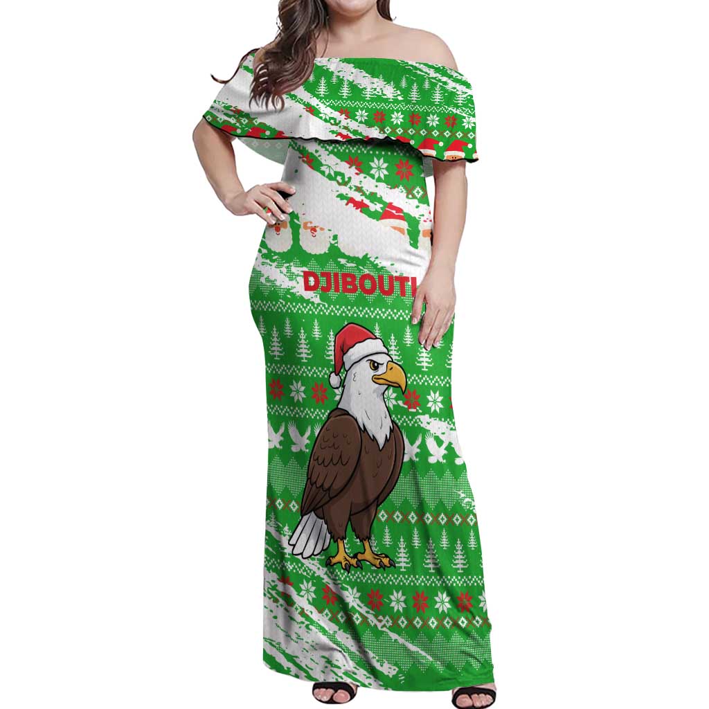 Djibouti Christmas Off Shoulder Maxi Dress with Santa Eagle Doves Trees and Green Snowflake Holiday - Wonder Print Shop