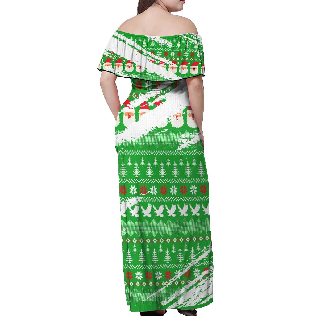 Djibouti Christmas Off Shoulder Maxi Dress with Santa Eagle Doves Trees and Green Snowflake Holiday - Wonder Print Shop