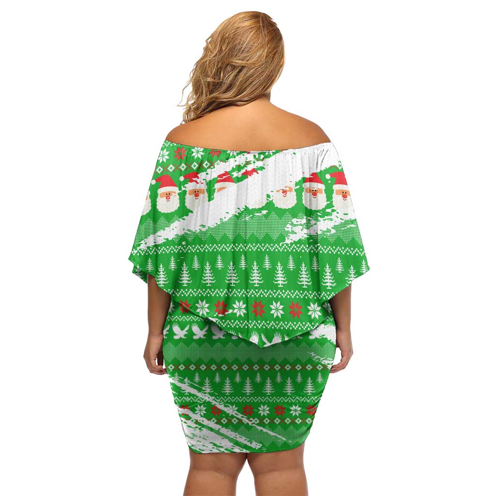 Djibouti Christmas Off Shoulder Short Dress with Santa Eagle Doves Trees and Green Snowflake Holiday - Wonder Print Shop