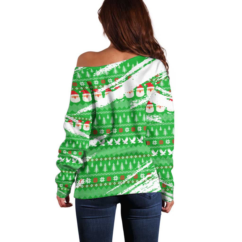 Djibouti Christmas Off Shoulder Sweater with Santa Eagle Doves Trees and Green Snowflake Holiday - Wonder Print Shop
