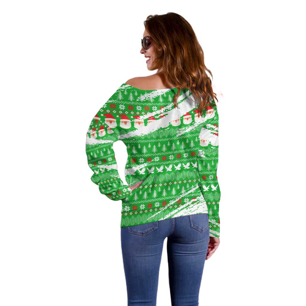 Djibouti Christmas Off Shoulder Sweater with Santa Eagle Doves Trees and Green Snowflake Holiday - Wonder Print Shop