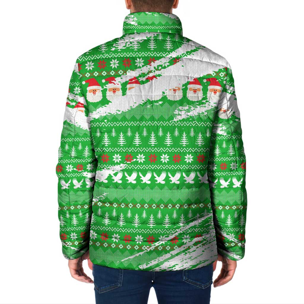 Djibouti Christmas Padded Jacket with Santa Eagle Doves Trees and Green Snowflake Holiday - Wonder Print Shop