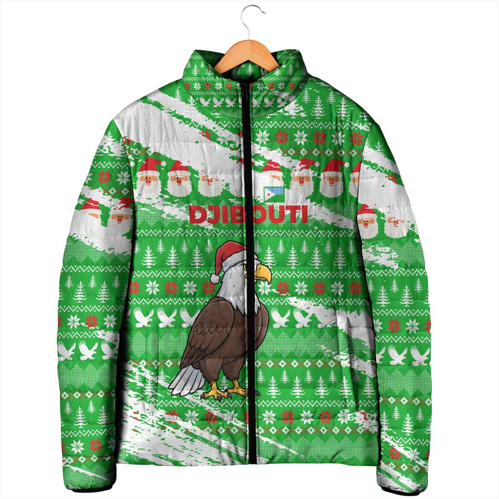 Djibouti Christmas Padded Jacket with Santa Eagle Doves Trees and Green Snowflake Holiday - Wonder Print Shop