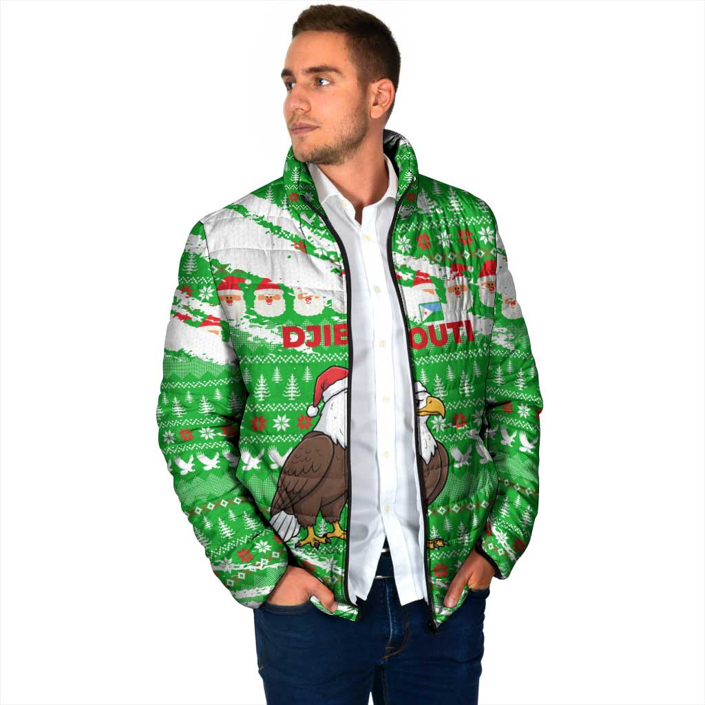 Djibouti Christmas Padded Jacket with Santa Eagle Doves Trees and Green Snowflake Holiday - Wonder Print Shop