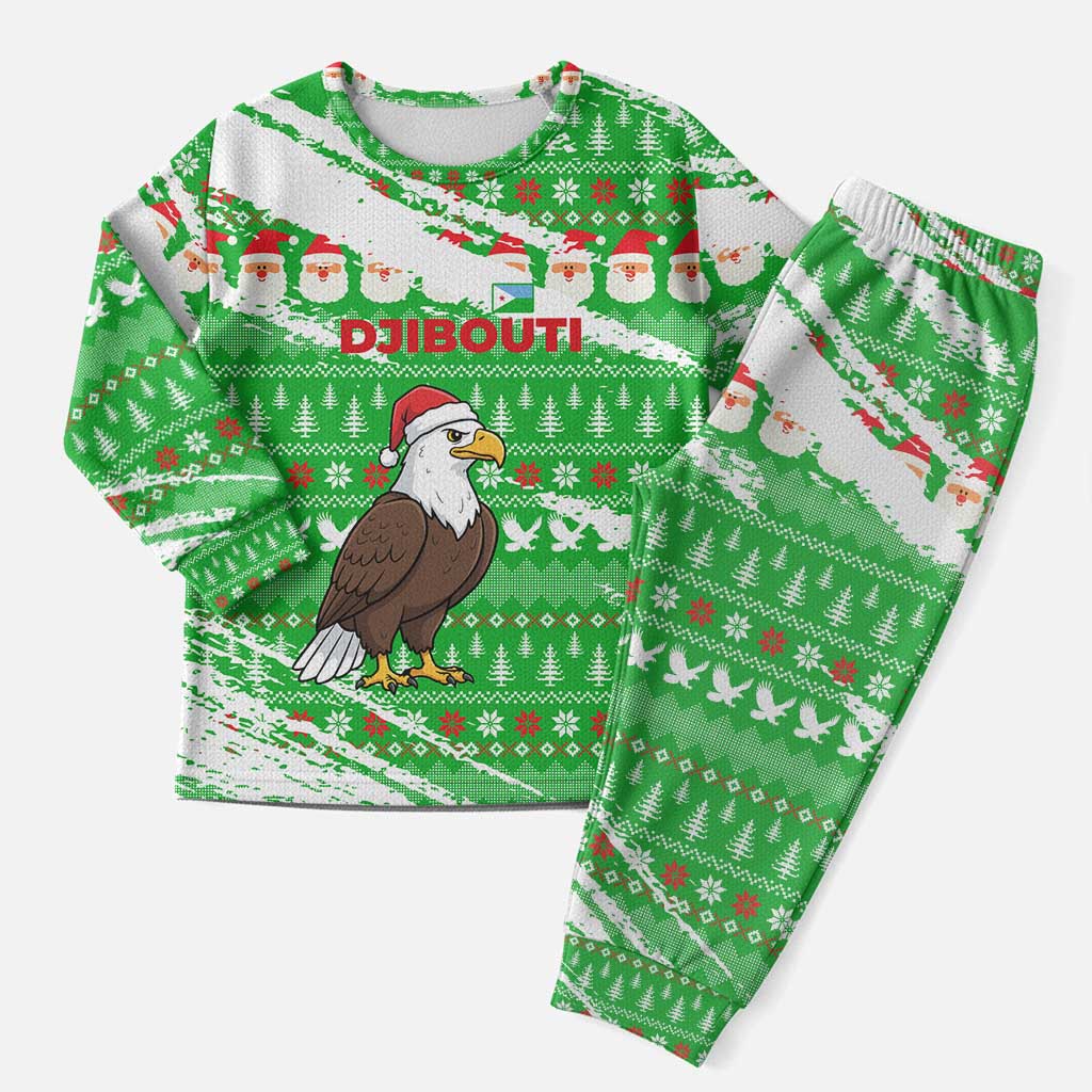 Djibouti Christmas Pajama Set with Santa Eagle Doves Trees and Green Snowflake Holiday - Wonder Print Shop