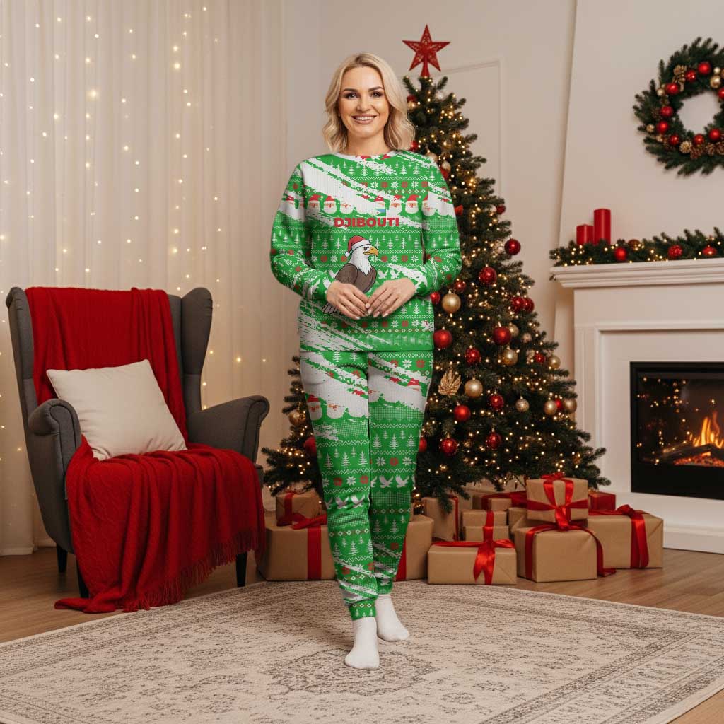 Djibouti Christmas Pajama Set with Santa Eagle Doves Trees and Green Snowflake Holiday - Wonder Print Shop