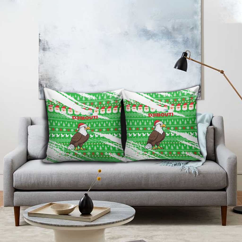Djibouti Christmas Pillow Cover with Santa Eagle Doves Trees and Green Snowflake Holiday - Wonder Print Shop