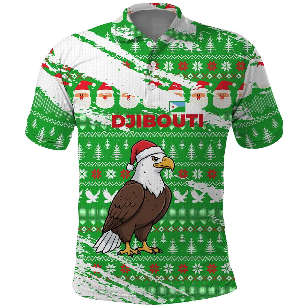 Djibouti Christmas Polo Shirt with Santa Eagle Doves Trees and Green Snowflake Holiday - Wonder Print Shop