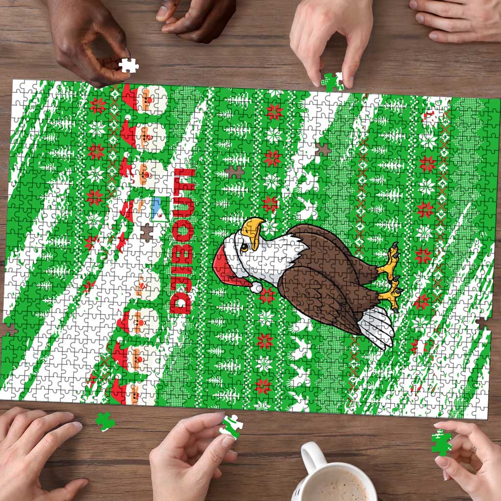 Djibouti Christmas Puzzle with Santa Eagle Doves Trees and Green Snowflake Holiday - Wonder Print Shop
