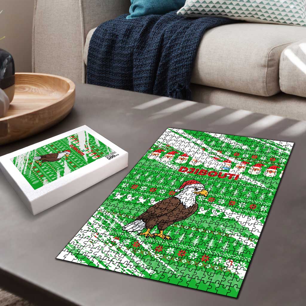 Djibouti Christmas Puzzle with Santa Eagle Doves Trees and Green Snowflake Holiday - Wonder Print Shop