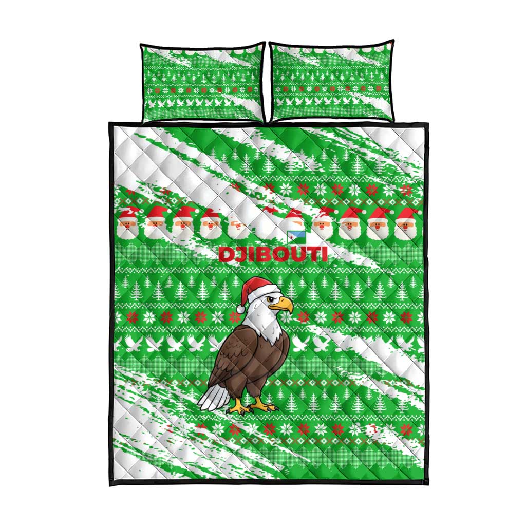 Djibouti Christmas Quilt Bed Set with Santa Eagle Doves Trees and Green Snowflake Holiday - Wonder Print Shop