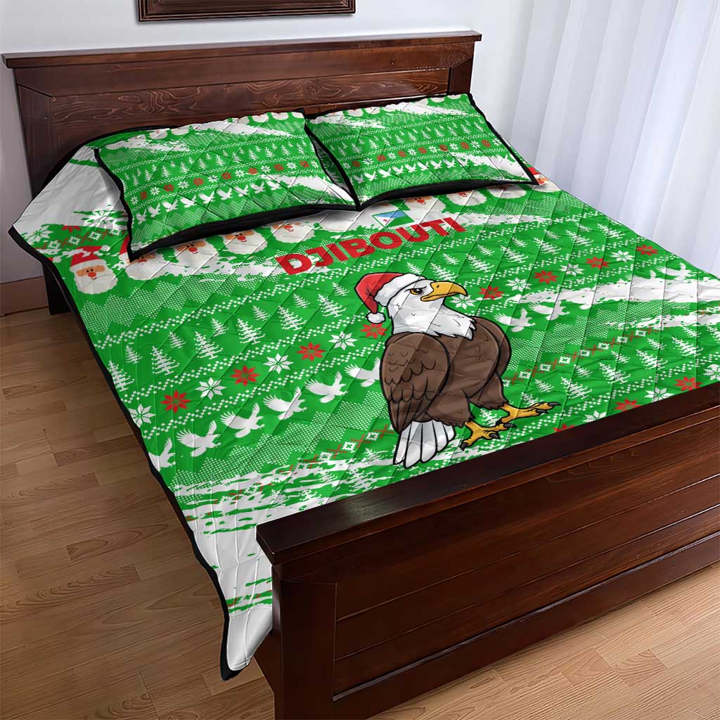 Djibouti Christmas Quilt Bed Set with Santa Eagle Doves Trees and Green Snowflake Holiday - Wonder Print Shop