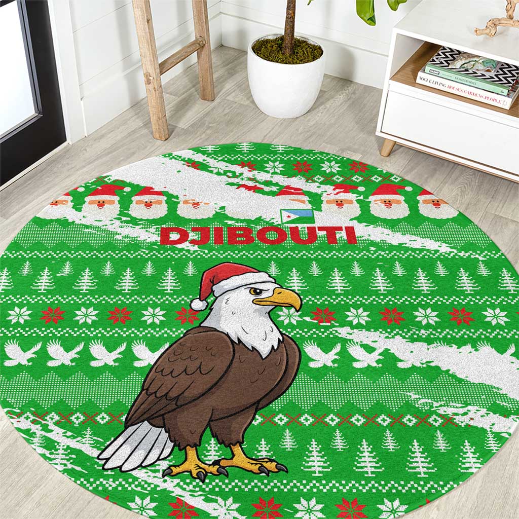 Djibouti Christmas Round Carpet with Santa Eagle Doves Trees and Green Snowflake Holiday - Wonder Print Shop