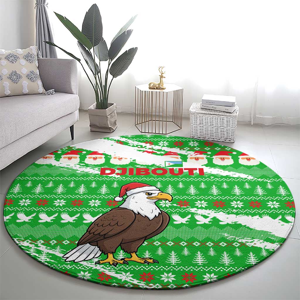 Djibouti Christmas Round Carpet with Santa Eagle Doves Trees and Green Snowflake Holiday - Wonder Print Shop