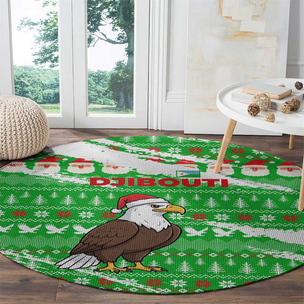 Djibouti Christmas Round Carpet with Santa Eagle Doves Trees and Green Snowflake Holiday - Wonder Print Shop