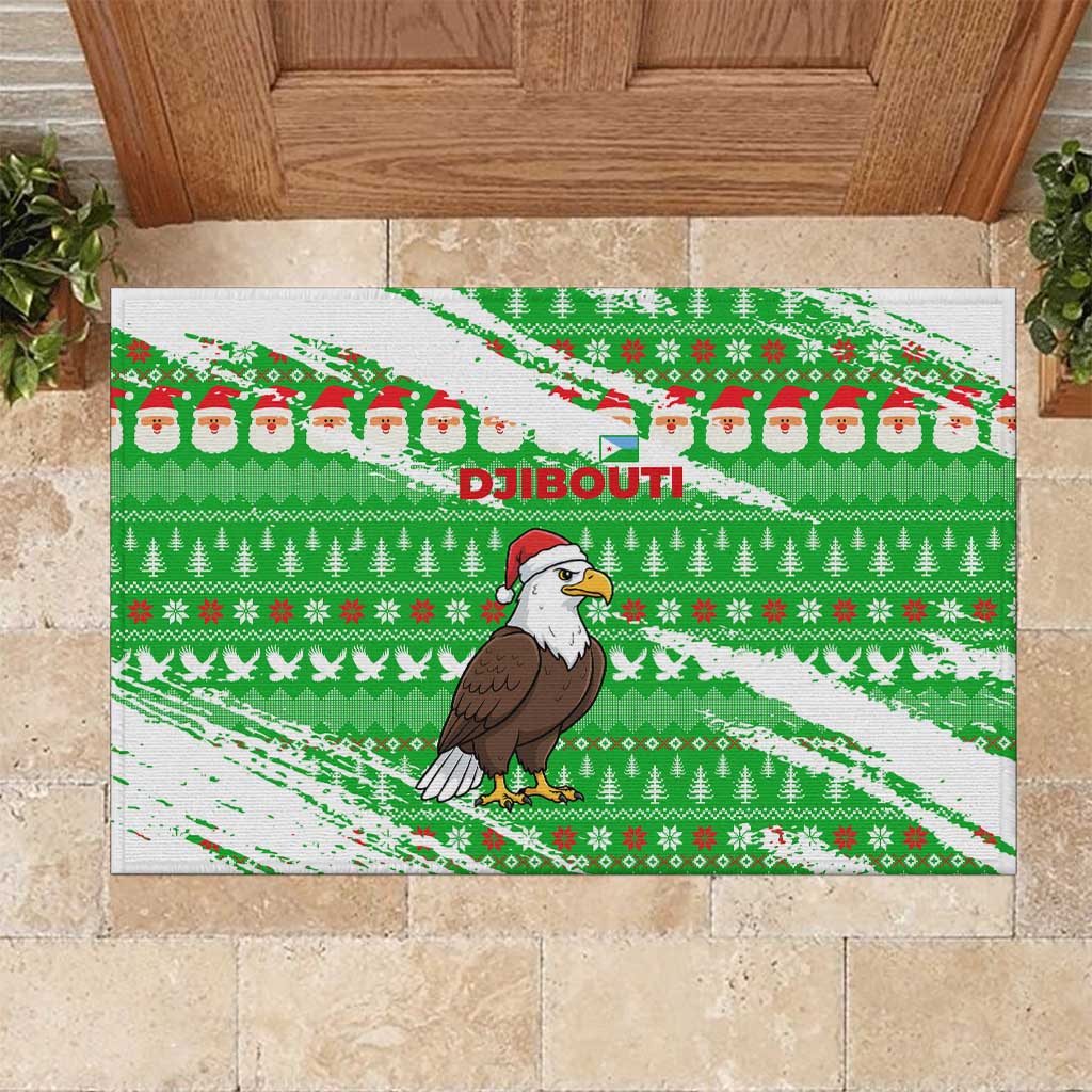 Djibouti Christmas Rubber Doormat with Santa Eagle Doves Trees and Green Snowflake Holiday - Wonder Print Shop