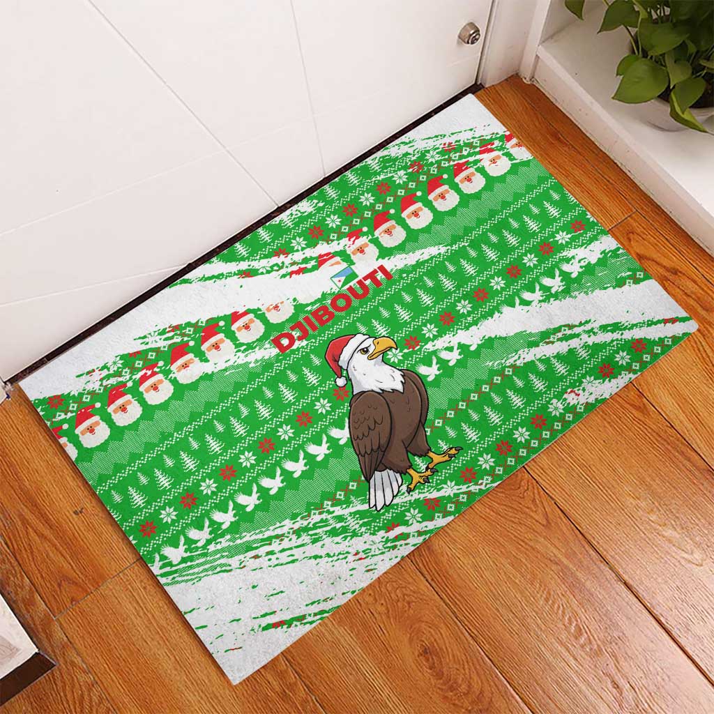 Djibouti Christmas Rubber Doormat with Santa Eagle Doves Trees and Green Snowflake Holiday - Wonder Print Shop
